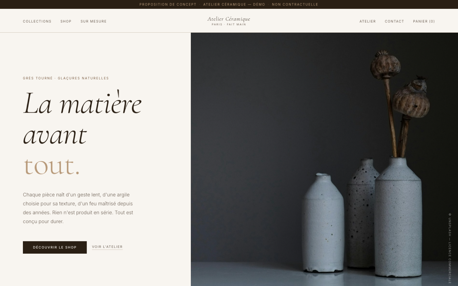Démonstration de style — site céramiste artisan-art